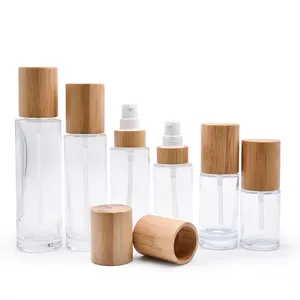 Glass prüh flaschen 20ml - 150ml transparente Lotion pumpe Bambus deckel Glasflasche