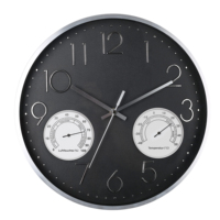 Horloge murale moderne à quartz analogique avec cadre en métal noir de 14 pouces, thermomètre, hygromètre, mouvement silencieux, alimentée par piles