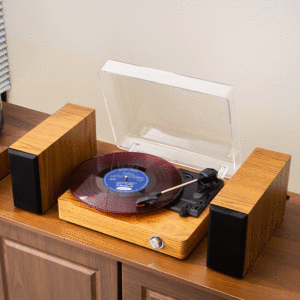 Système de tourne-disque analogique personnalisé avec deux enceintes stéréo, design rétro en bois, pour la décoration de la maison ou comme cadeau. - Product Image 5