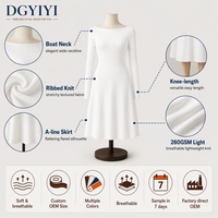 Robe en maille opaque premium 260 GSM, col bateau, coupe trapèze, pour l'été, douce et confortable, manches longues, longueur genou, pour femme, logo personnalisé OEM