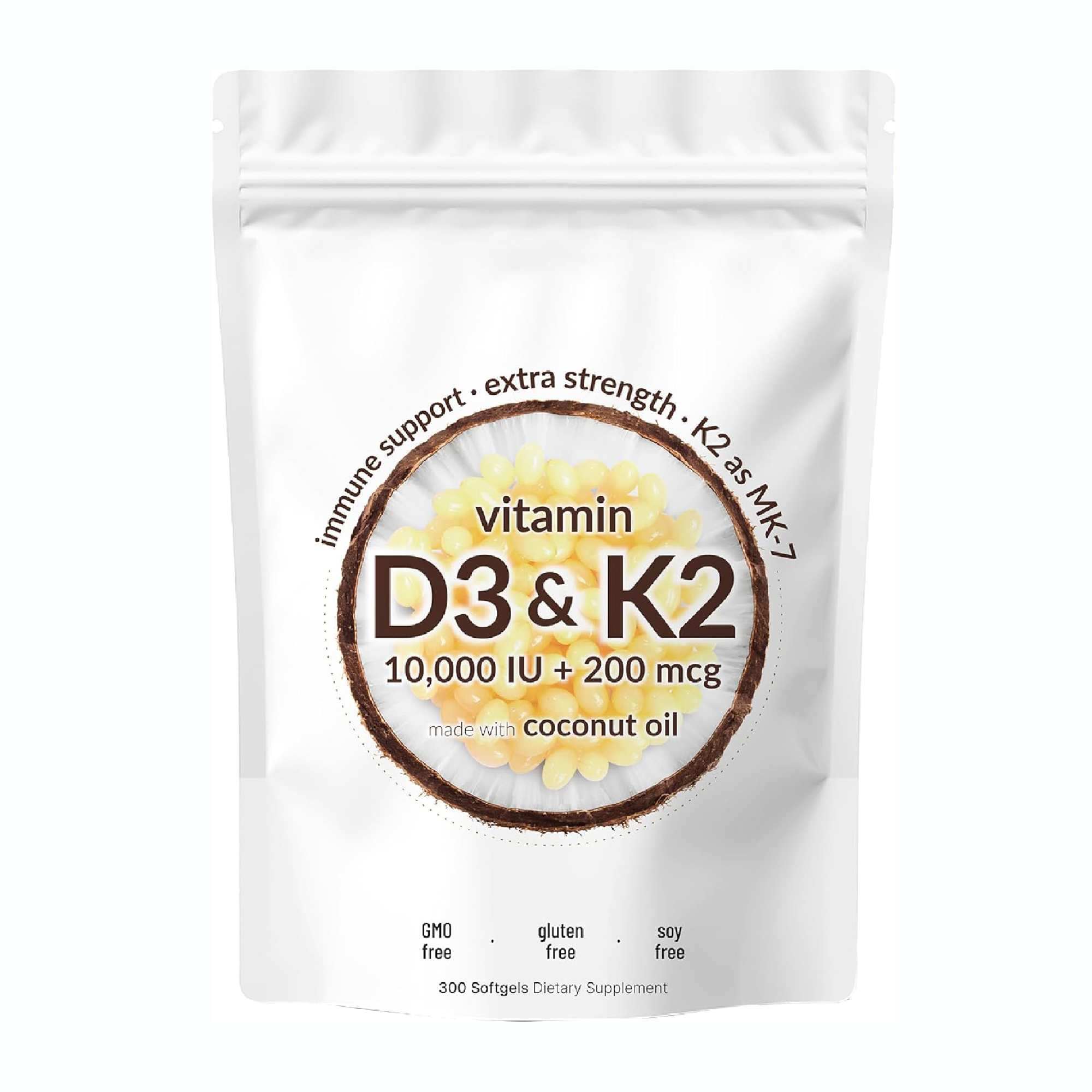 Витамин D3 10000 IU + K2 MK-7 200 мкг, 300 Softgels | Кокосовое масло | Кость 2-в-1, иммунная и сердечная Поддержка |