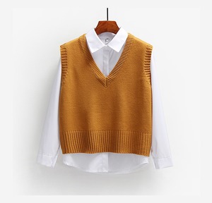 Nouveau <span class=keywords><strong>Gilet</strong></span> en Maille Col V Style Universitaire Printemps Automne pour <span class=keywords><strong>Femme</strong></span> – Haut Court Ample Littéraire - Product Image 2
