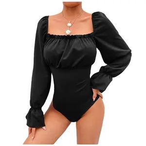 Sexy Backless Panelled Lace Up Square Collar Lolita Style Bodysuits Women Cotton Short Flare Sleeve Open Crotch Bodysuit