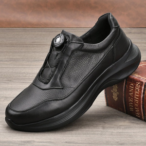 Men's Genuine Cow Leather <b>Round</b> <b>Toe</b> Walking Shoes With Buckle Anti Slippery Low <b>Heel</b> Rubber Outsole Solid Color Casual - Product Image 1