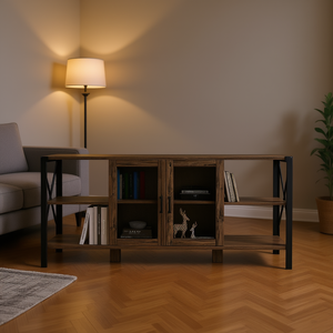 Moderno Soporte para TV de 80 Pulgadas, Estilo Industrial Rústico, Madera y Metal, Estantería Abierta, Mueble para Sala de Estar, para Televisores de 65 Pulgadas o Más - Product Image 2