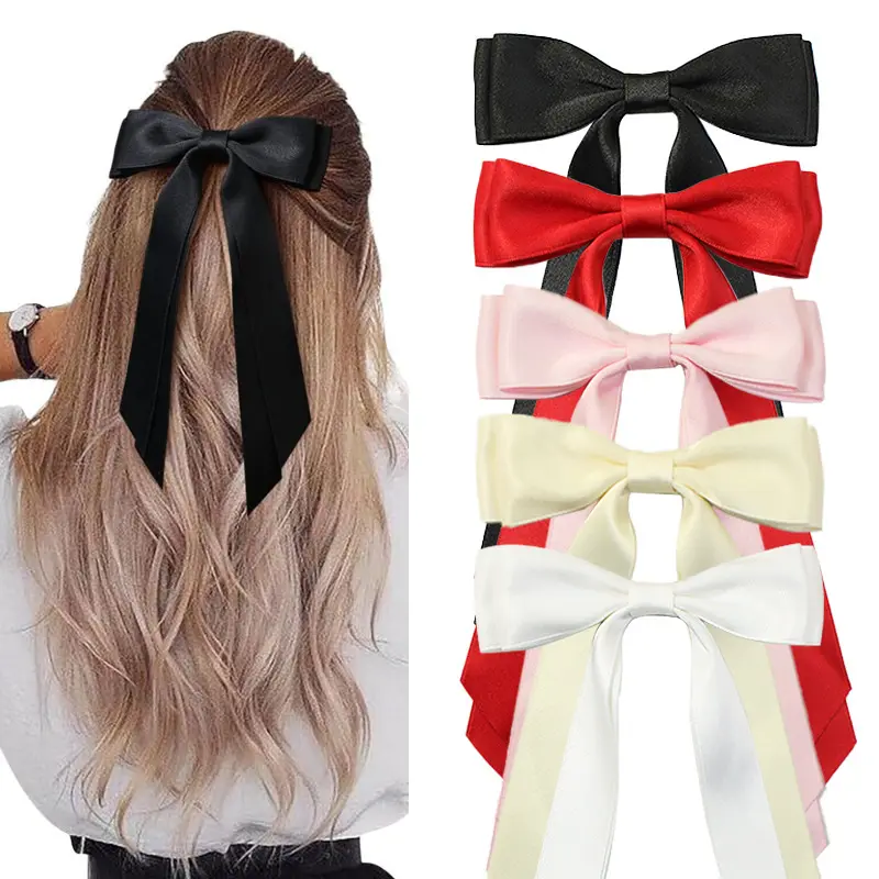 Wholesale Silky Satin Hair Bows Hair Clip Beige Black Color Ribbon Ponytail Holder Slides Metal Clips Hair Bow for Women Girls