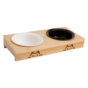 Soporte de bambú para tazón de gato con tazones de cerámica, diseño antideslizante para gatos, plato para agua, juego doble, estación de alimentación para mascotas en el hogar - Product Image 1