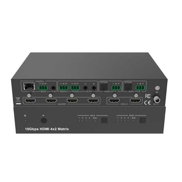 PINWEI 4X2 4K60Hz HDMI matrix Switcher with Audio and Optical L/R AUX Audio Splitter 4 in 2OUT with Optical Audio
