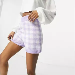 Vrouwen Boerenbont Katoen Knit Biker Shorts In Lila Plaid Shorts Voor Outfit