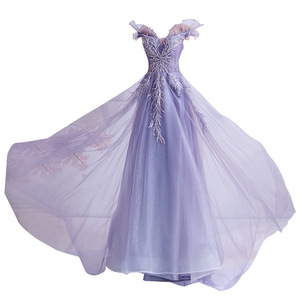 Purple Off Shoulder V Neck Wedding Evening Gown Empire Waistline Tulle Dress For Bride Banquet Party - Product Image 5