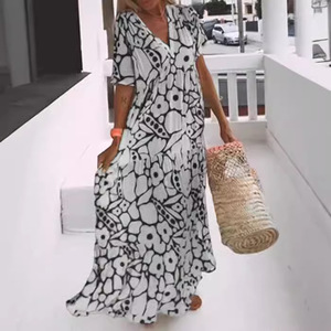 Vestido Largo Informal de Verano para Mujer, Talla Grande, con Estampado Geométrico, Cuello en V Profundo y Manga Corta, Dropshipping Shopify - Product Image 2