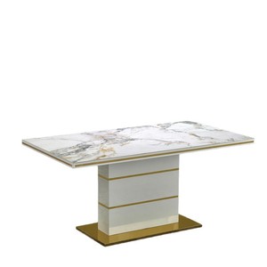Ensemble <span class=keywords><strong>de</strong></span> <span class=keywords><strong>table</strong></span> à manger moderne en marbre blanc <span class=keywords><strong>de</strong></span> luxe avec 6 chaises, plateau en pierre frittée avec base en acier inoxydable doré pour meubles - Product Image 1