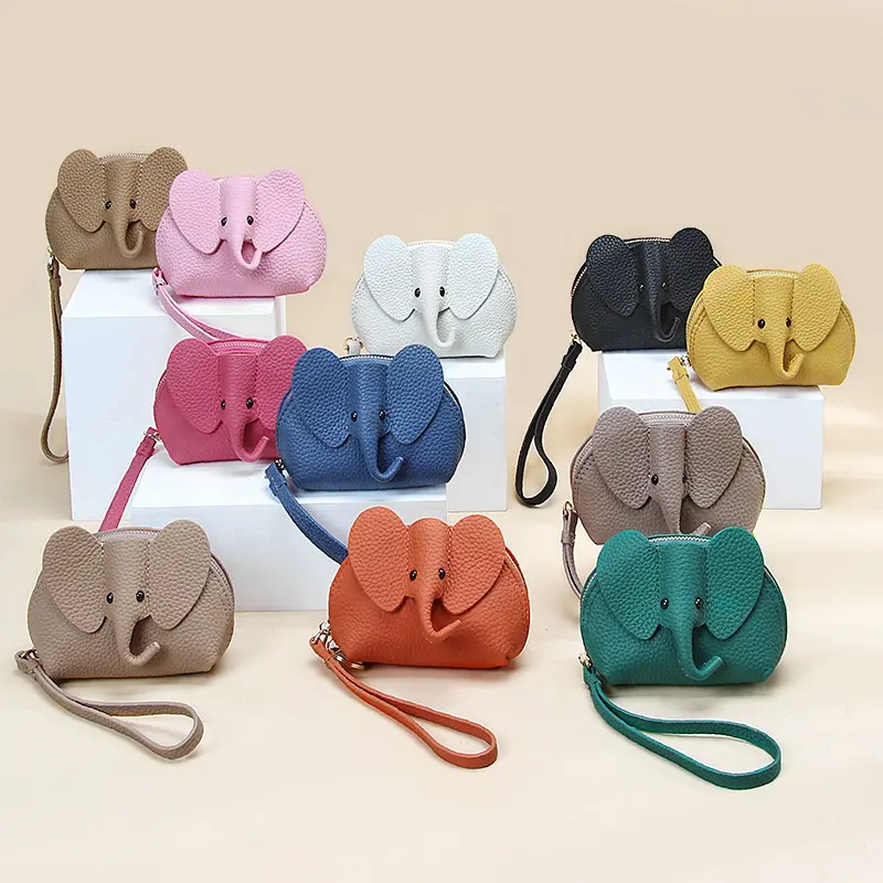 cowhide Leather animal cartoon cute Coin Purse genuine Leather elephant purse Wallet Pouch Mini leather Coin Purse with Wristlet
