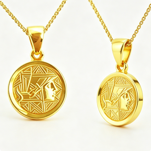 Pendentif circulaire plaqué or sur le thème de la pyramide avec collier médaillon à motif en relief - Product Image 6