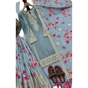 Ensemble de vêtements de soirée pour femmes de créateur Chic Chinon Top en soie Palazzo & Dupatta Élégant & Élégant - Product Image 1