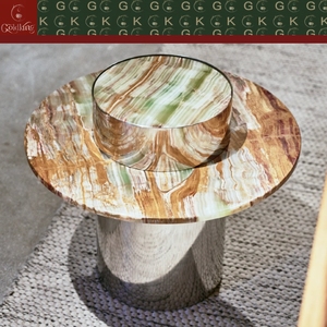 Table d'appoint ronde à deux niveaux en onyx vert et brun rayé GOLDKING pour hall d'hôtel de luxe, base cylindrique en acier inoxydable, OEM ODM Direct - Product Image 5