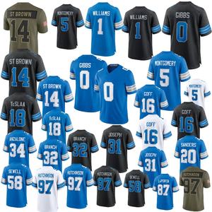 Vente en gros de vêtements pour hommes, enfants et jeunes à <span class=keywords><strong>Detroit</strong></span> # 0 Gibbs # 14 St. Brown # 16 Goff # 97 Hutchinson # Maillot de football américain des Lions de 18 TeSlaa - Product Image 1