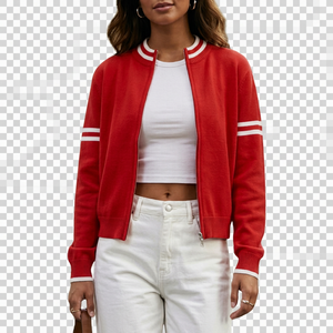 Chaqueta bomber roja de punto para mujer, estilo varsity, con cuello y mangas a rayas, cierre de cremallera, informal, directo de fábrica, fabricante OEM - Product Image 1