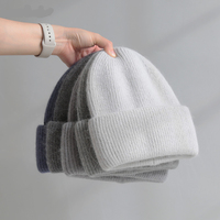 Einfarbige Kaninchen fell gestrickte Winter mütze Frauen Mann Doppels chicht gefaltete Manschette Plüsch kalte Mütze