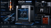 Imprimante 3D FDM industrielle automatique QIDI MAX4 avec volume d'impression de 305x305x280mm, connectivité USB/WiFi, calibrage entièrement automatique