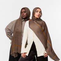 Foulard Hijab Modal Vela à motif pied-de-poule marron et crème, long, imprimé floral, avec logo personnalisé du fabricant