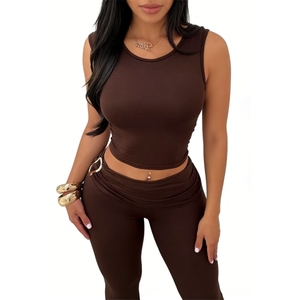 Women's Crop Top Pants <b>Set</b> Casual 2 Piece Solid Color Sleeveless V-neck Eco-Friendly Breathable Spandex/Polyester Sports Fashion - Product Image 5