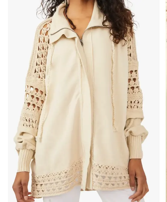 Spring Crochet stitching light booked cotton zip front long sleeve lapel sweater cardigan