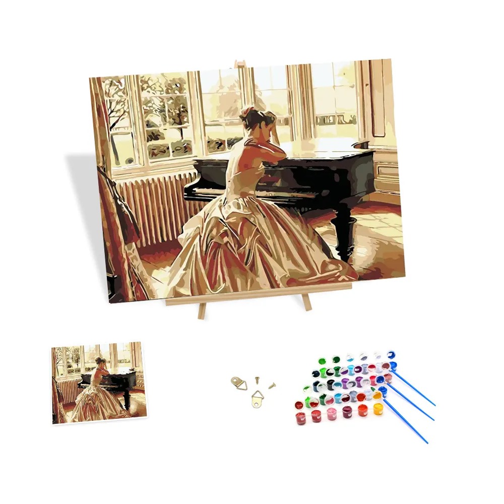 Diy Canvas Painting by Numbers Portrait the Girl in Long Skirt and Piano Picture Hand-painted by Numbers for Bedroom Decor