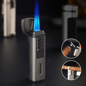 Encendedor de Cigarros para Hombre con <span class=keywords><strong>Triple</strong></span> Llama Azul, Soporte Lateral de Malla de Acero Inoxidable Único y Ventana Visible de Combustible - Product Image 1