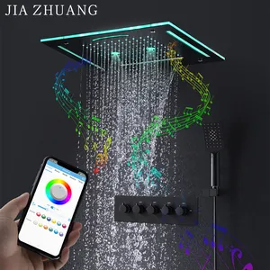 Modern 12 inch Bathroom Ceiling Mounted Rainfall Mist Smart LED Music Shower Head With 3 Function Thermostatic Mixer Set