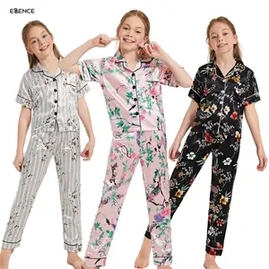 Long Pink Silky Floral Custom Print Silk Children Pyjama Satin Cute Girl 2022 Kids Pajama Set