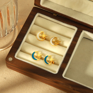 Star And Moon <b>Stud</b> Earrings 18k Gold Plated <b>Titanium</b> Steel Geometric Design For Women Gift Jewelry TE6853 BL - Product Image 1