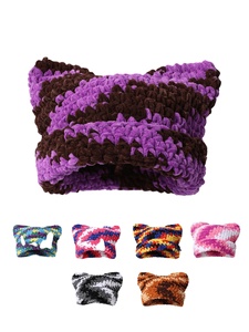 Bonnet épais en tricot crochet fait à la main, épais, chaud, en peluche, pêcheur, Y2K, chapeau coloré arc-en-ciel, oreilles <span class=keywords><strong>de</strong></span> chat - Product Image 1
