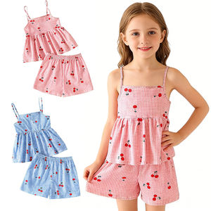 Conjunto <span class=keywords><strong>de</strong></span> 2 piezas <span class=keywords><strong>de</strong></span> verano <span class=keywords><strong>para</strong></span> niñas, lindo traje a cuadros con estampado <span class=keywords><strong>de</strong></span> cerezas, top sin mangas y pantalones cortos, ropa casual. - Product Image 1
