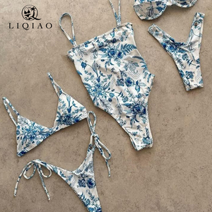 طقم ملابس سباحة من قطعتين بطباعة زهور وحمالة رقبة مع تحكم في البطن للنساء، ملابس شاطئ - Product Image 1