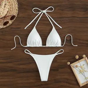 Custom String Ribbed Women's Bikini Sets Solid 2 Piece Swimsuits Sex Mini Bikini Swimsuits for Women Adults Micro Bikini