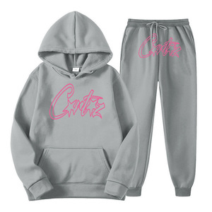 Ensemble sweat à capuche et jogging imprimé lettres noir et rose en polyester et coton, survêtement streetwear pour adultes - Product Image 5