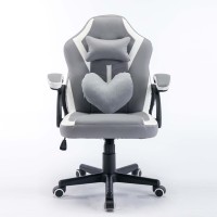 Siège d'ordinateur ergonomique personnalisé pivotant à dossier moyen en cuir gris, chaise de jeu OEM avec coussin en forme de cœur
