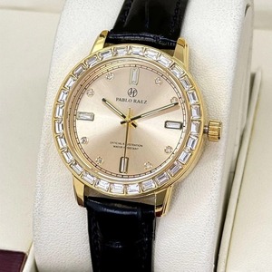 Montre à quartz étanche pour femme avec lunette en cristal de luxe, cadran champagne, boîtier doré, bracelet en cuir noir, montre élégante pour robe - Product Image 4