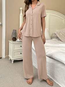 Pigiama in cotone con colletto dentato estivo personalizzato pigiama da donna a manica corta in bambù set da donna - Product Image 2