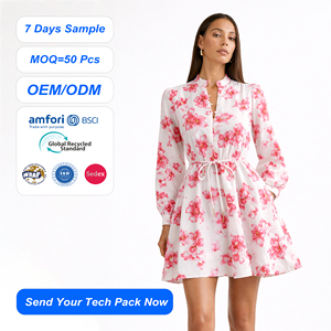 SHENGFU Abiti Personalizzati da Donna, Mini Abito Floreale Rosa a Maniche Lunghe con Cintura Annodata e Bottoni Frontali in Chiffon, Collezione Primavera Boutique OEM ODM - Product Image 1