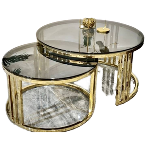 Juego de 2 <span class=keywords><strong>Mesas</strong></span> de Centro Modernas Convertibles de Metal Negro y Dorado con Vidrio, Fácil de Ensamblar, Muebles para Sala de Estar - Product Image 2