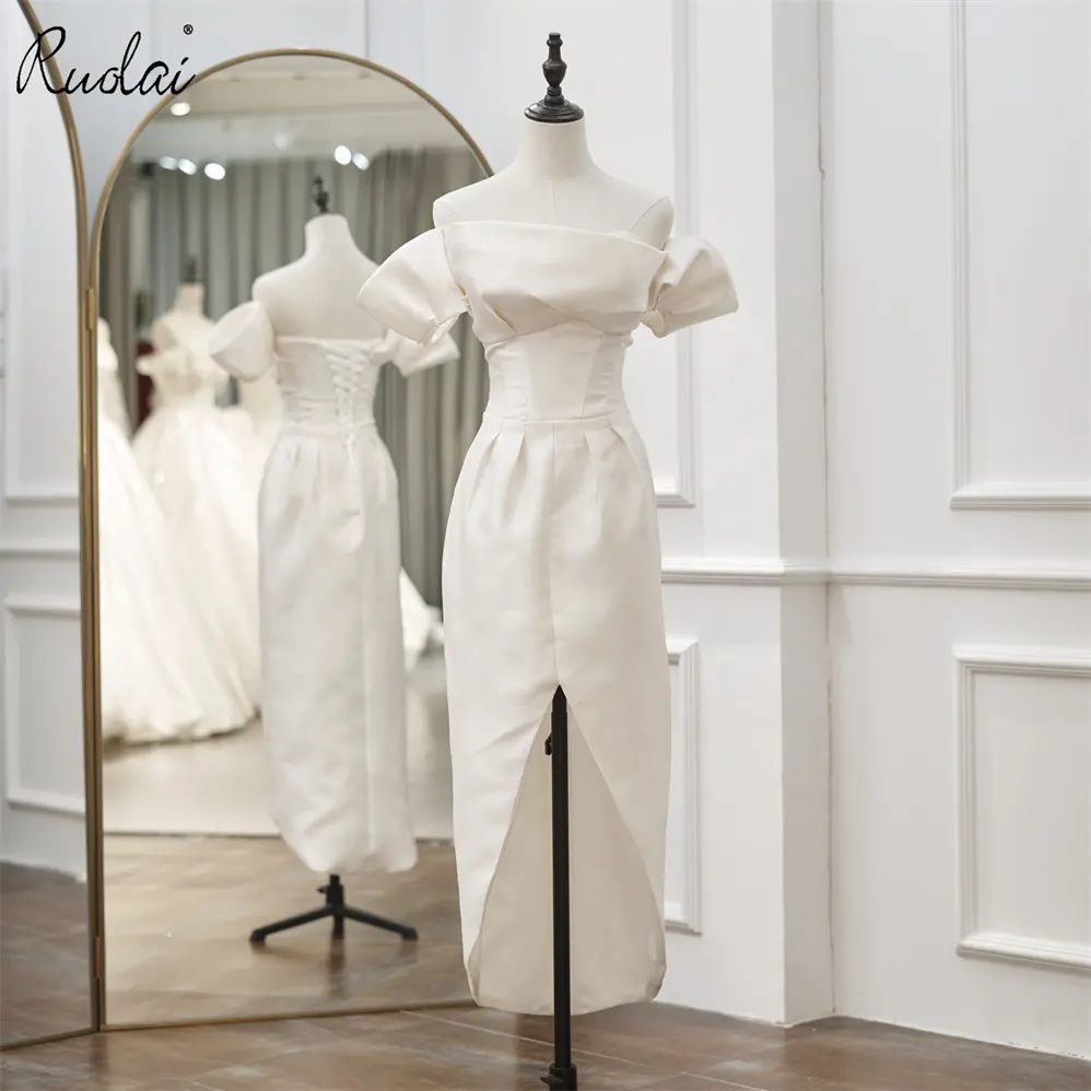 Ruolai-vestido de novia QD06089, nuevo diseño especial, vestido de boda con hombros descubiertos, longitud de té de sirena