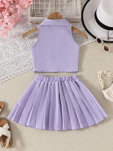 幼児女児服セット ノースリーブ3Dフラワーベストスーツコート+プリーツスカート2点セット - Product Image 2