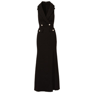 <span class=keywords><strong>Robe</strong></span> de soirée sirène élégante pour femme, col festonné, style <span class=keywords><strong>smoking</strong></span>, noire, sans manches, boutonnée, fermeture éclair au dos, maxi, fente avant, douce - Product Image 6