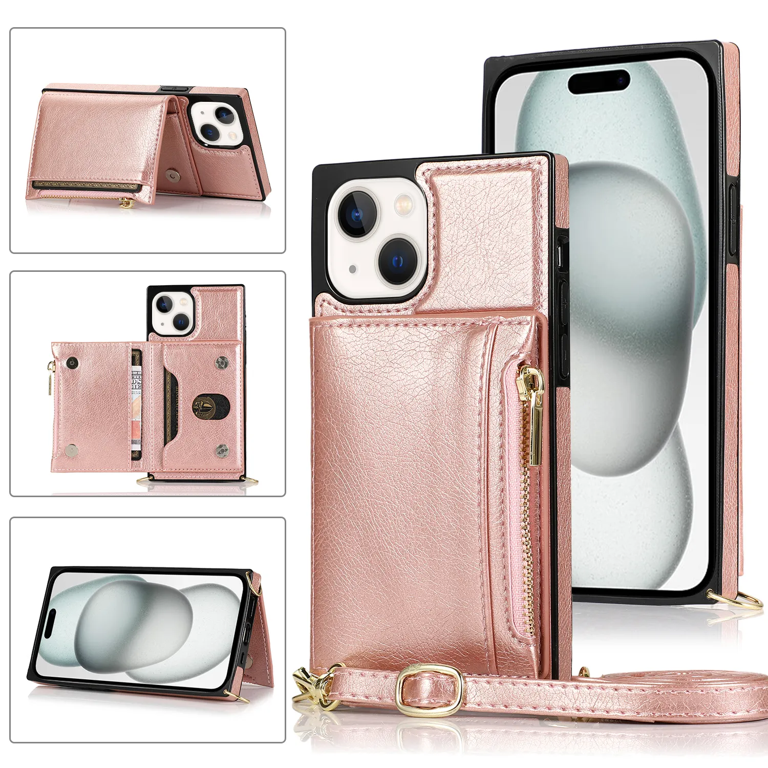 Long Necklace Girls Card Holder Cover For Iphone 15 Pro Max Leather Case Kickstand Zipper Case For Iphone 14 13 12 Se