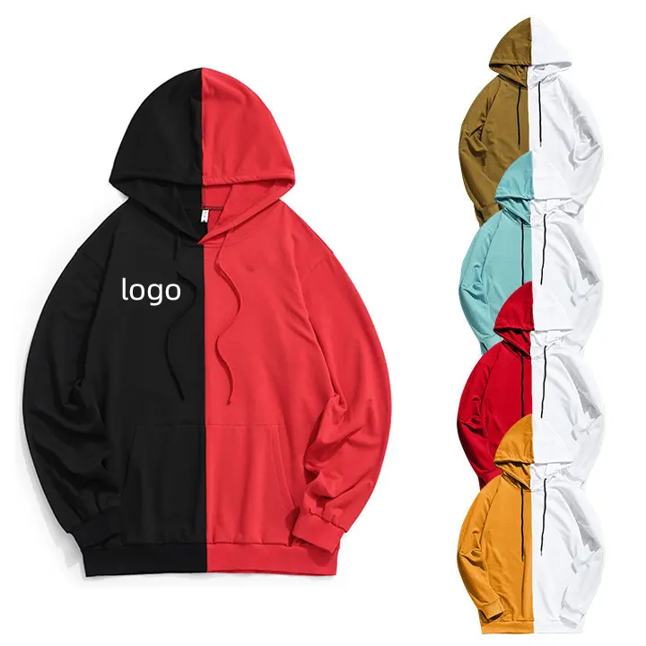 Kazak Oem özelleştirilmiş iki renkli tasarım Colorblock hoodie yarım ve yarım renkli bölünmüş çok renkli blok 2 iki ton hoodie