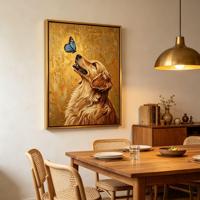 Tableau mural encadré Golden Retriever, peinture texture or papillon bleu, cadre or mat, décoration moderne pour appartement et condo