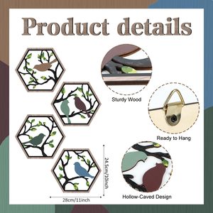 4pcs gỗ chim trên cây Bạch Dương chi nhánh tường nghệ thuật, Boho hiện đại màu xanh lá cây lá bóng chim laser cắt tác phẩm nghệ thuật - Product Image 3