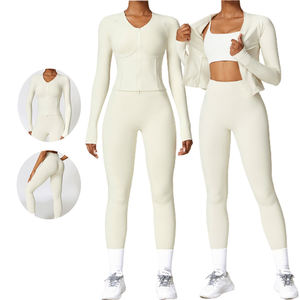 Toptan boyunduruğu örme yüksek streç Yoga 2-Piece Set zayıflama Fit uzun kollu tayt ile fermuar & nefes boyun kırpma üst - Product Image 1